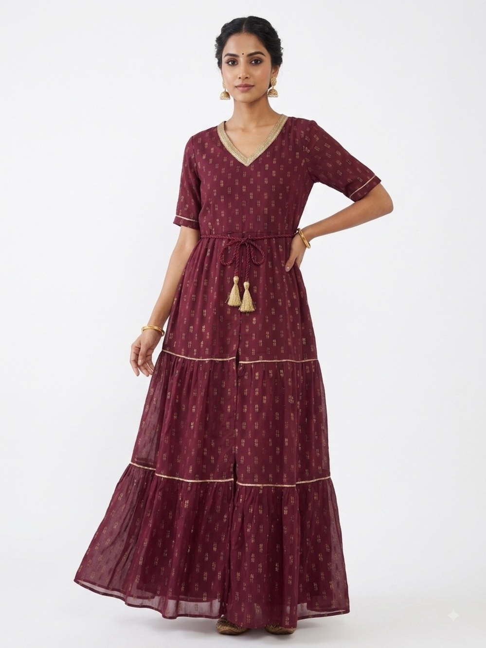 Indya Womens Maroon Gold Foil Print Tiered Maxi Dress Medium M Anarkali Gown